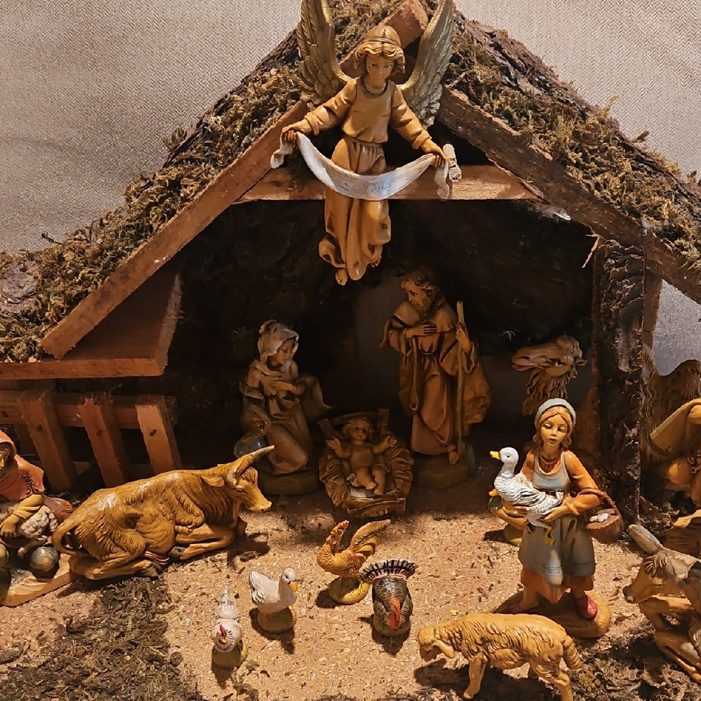 Traditional Nativity Scene with Angel and Shepherd